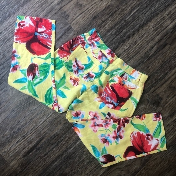 Lauren Ralph Lauren Linen Butter Yellow Floral Cropped Pants - Picture 11 of 11